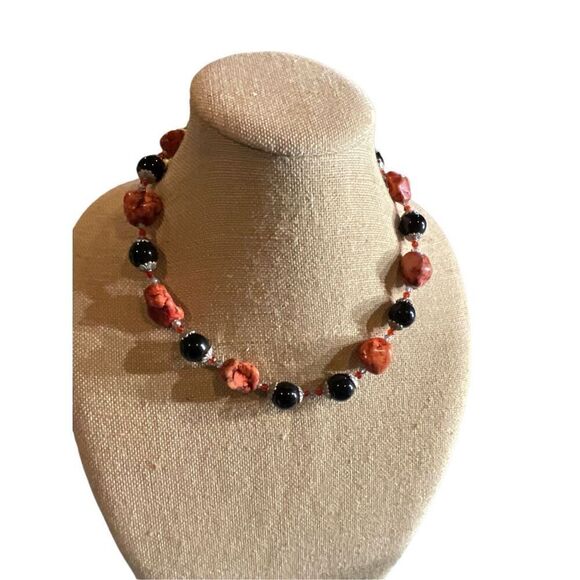 Vintage Onyx Silver Red Turquoise Necklace - Picture 10 of 13